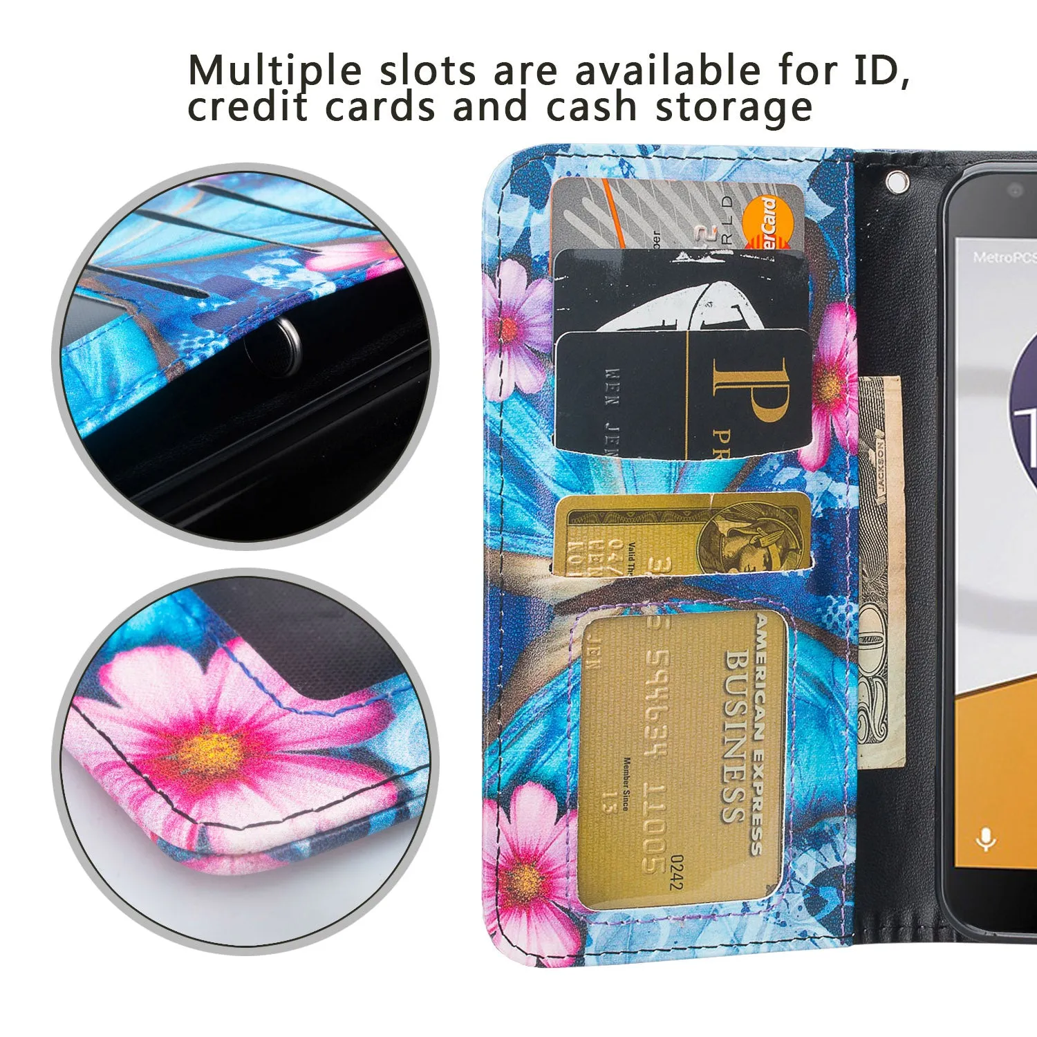 Alcatel Fierce XL2 Case, Fierce XL2 Wallet Case, Wrist Strap Pu Leather Wallet Case [Kickstand] with ID & Credit Card Slots - Blue Butterfly