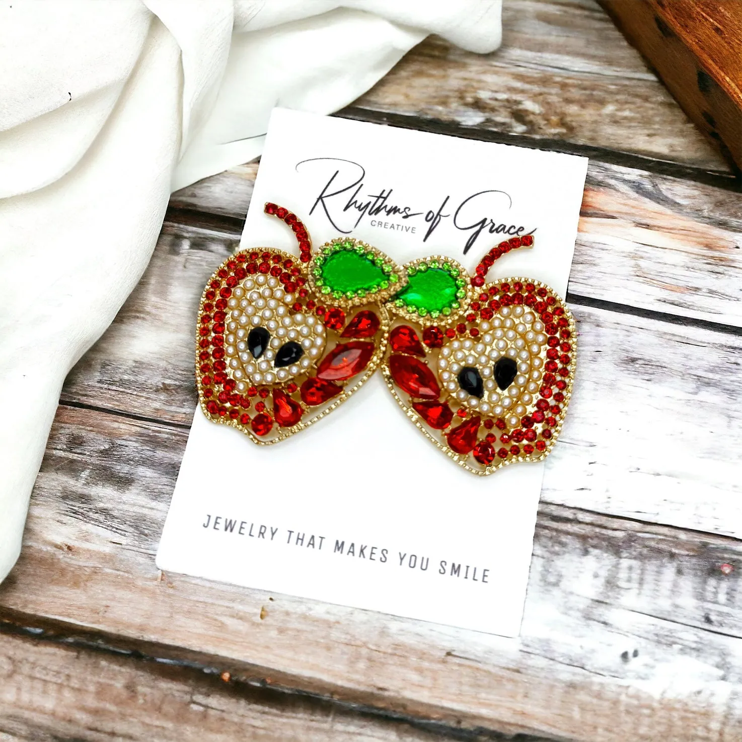 Apple Earrings - Apple Jewelry, Back to School, Elementary Teacher, Rhinestone Apple, Food Earrings