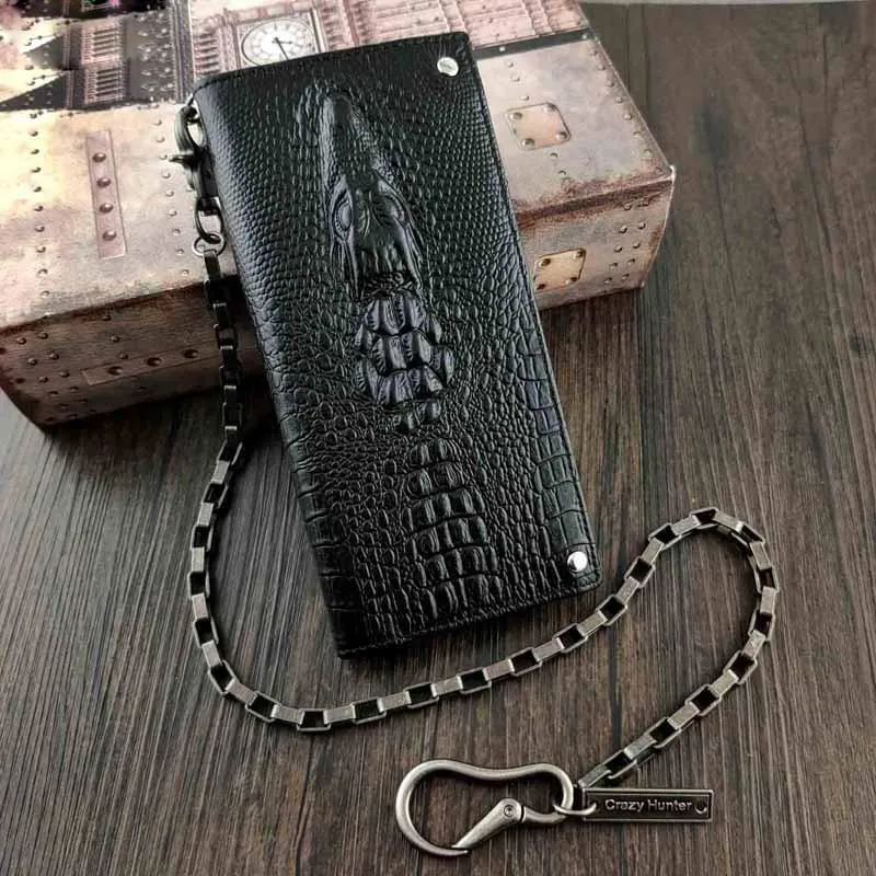 Badass Black Leather Men's Crocodile Pattern Long Biker Chain Wallet Long Wallet Chain For Men