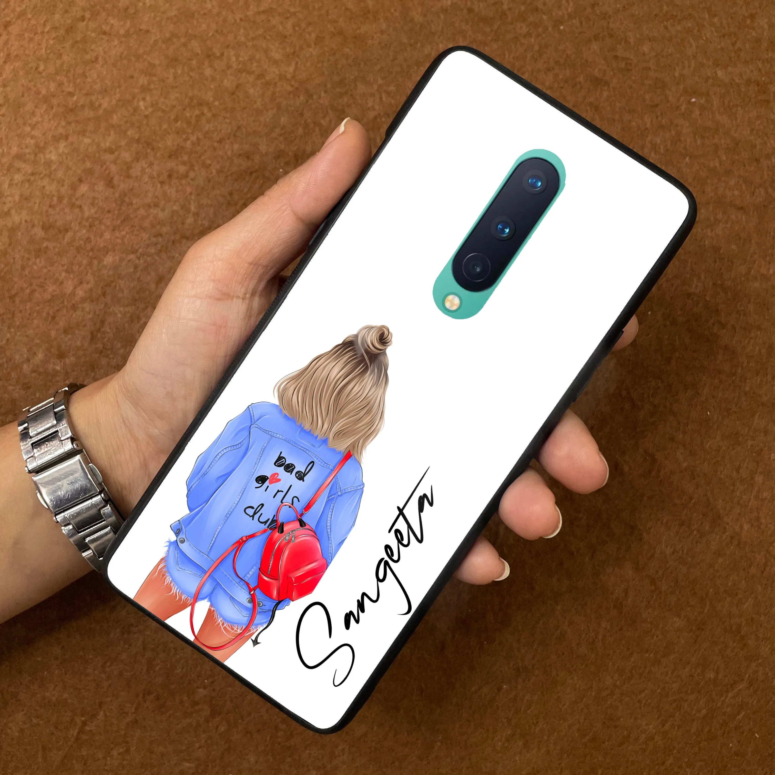 Bag Girl Customize Name Glass Case For OnePlus