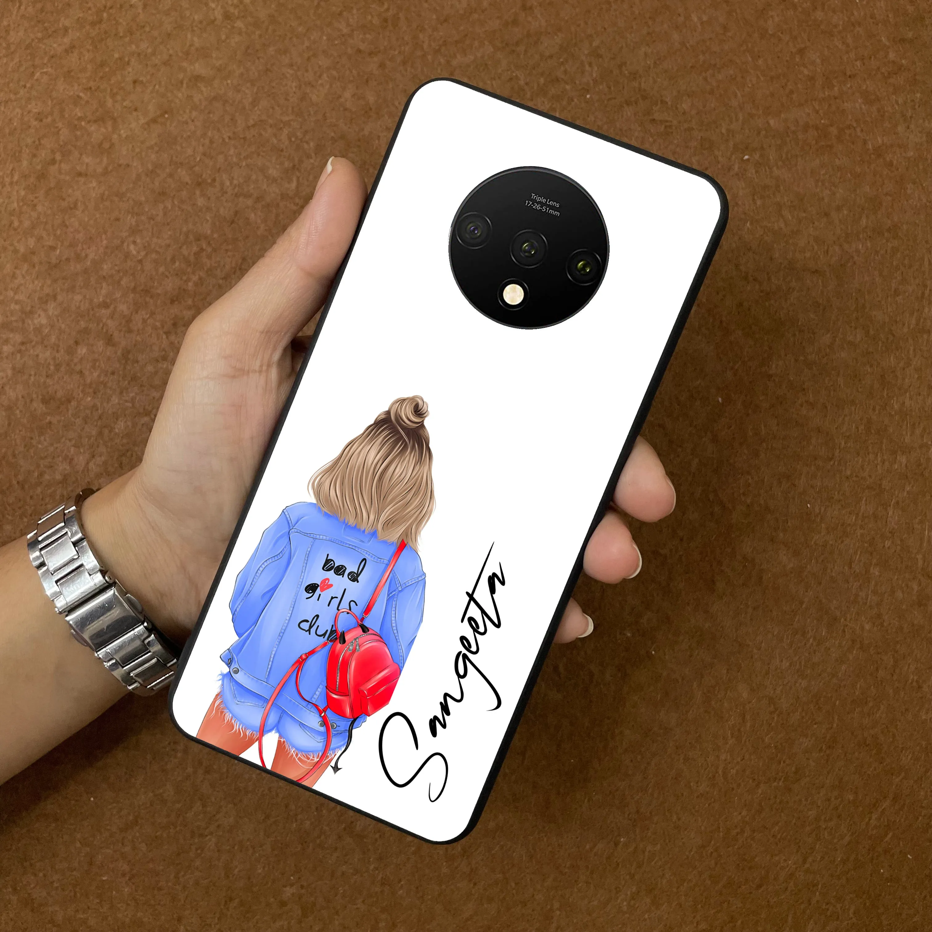 Bag Girl Customize Name Glass Case For OnePlus