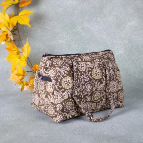 Barrel Handbags Dark Brown colour with flower Design.