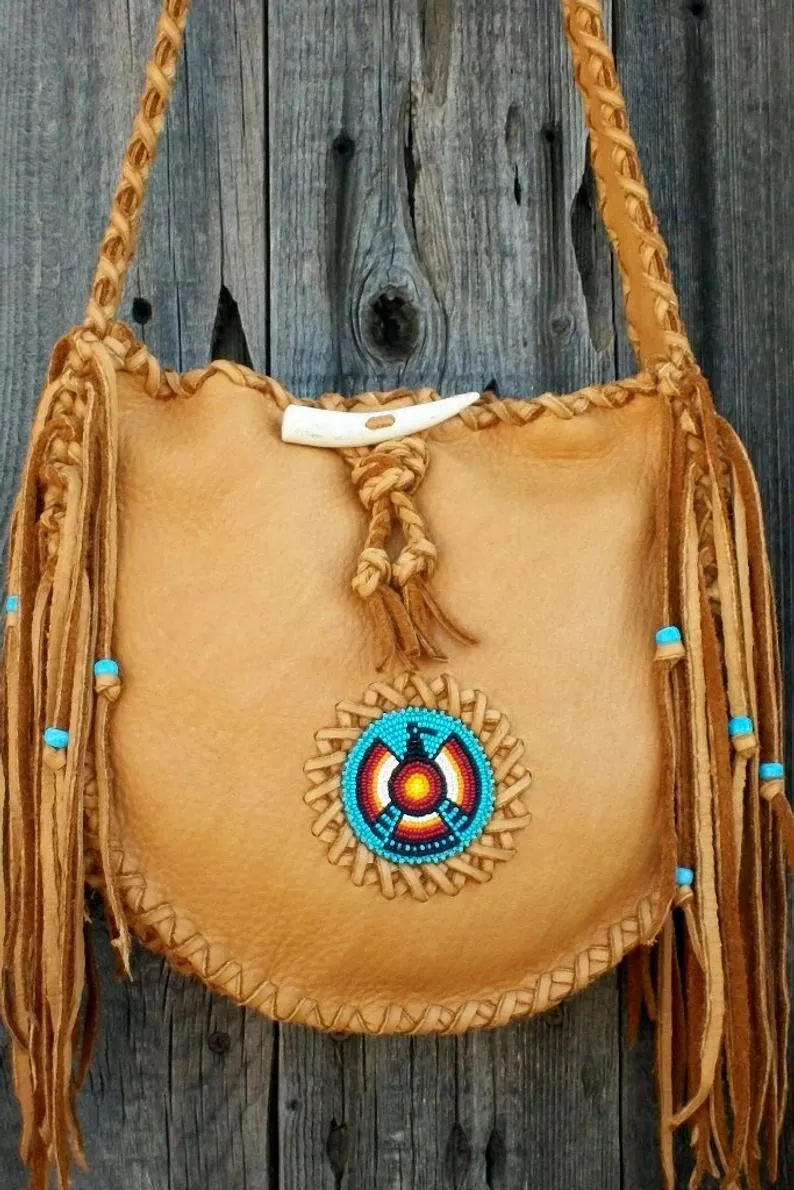 Beaded leather tote, beaded Thunderbird totem handbag