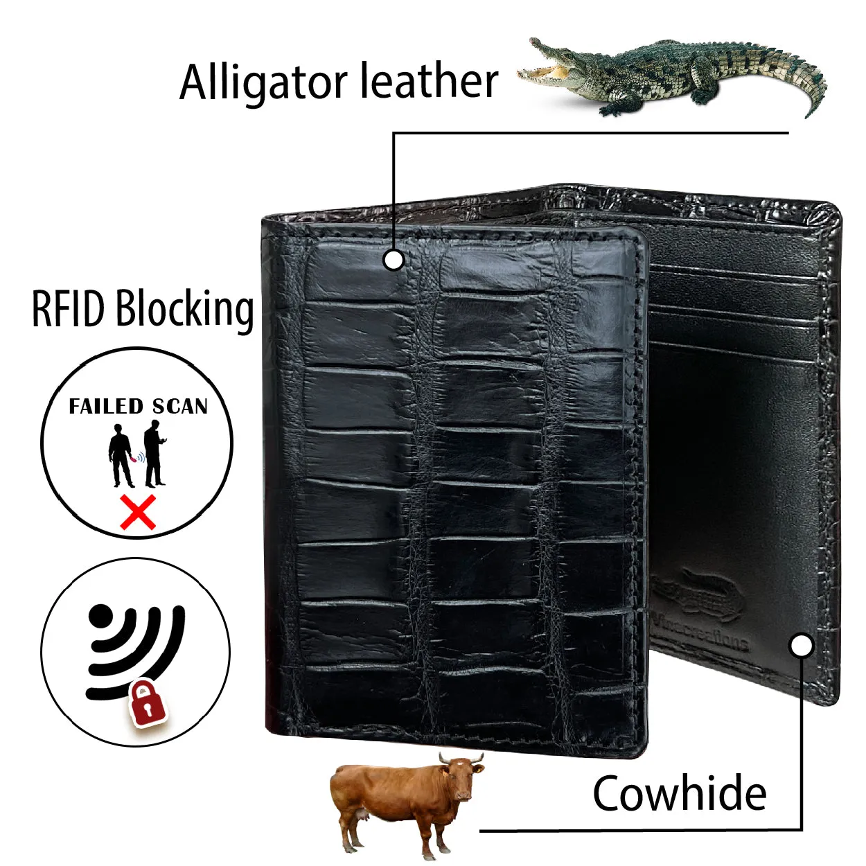 Black Alligator Leather Trifold Wallet RFID Blocking | TRI11