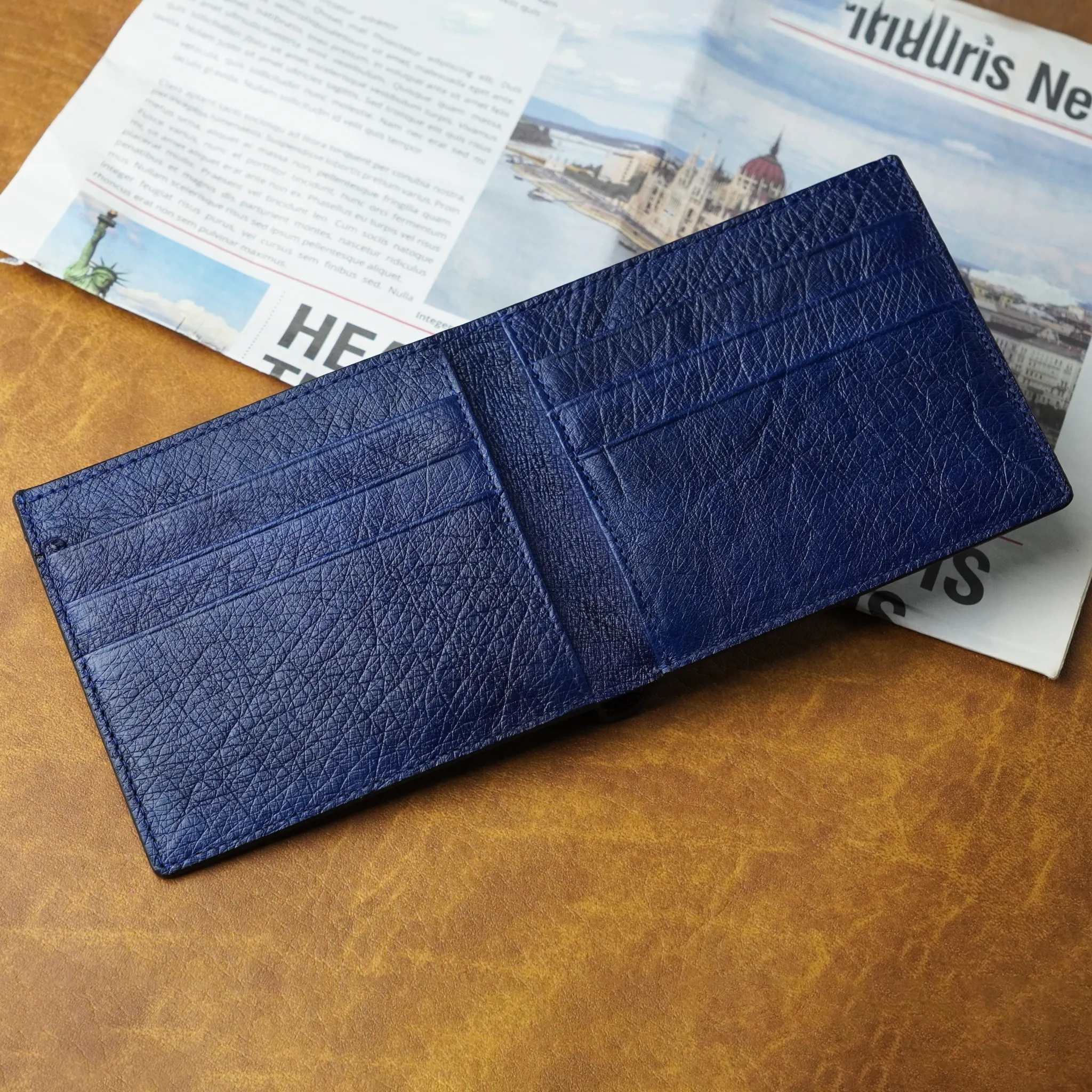 Black Blue Double Side Ostrich Leather Bifold Handmade Wallet RFID Blocking | VINAMOS-14