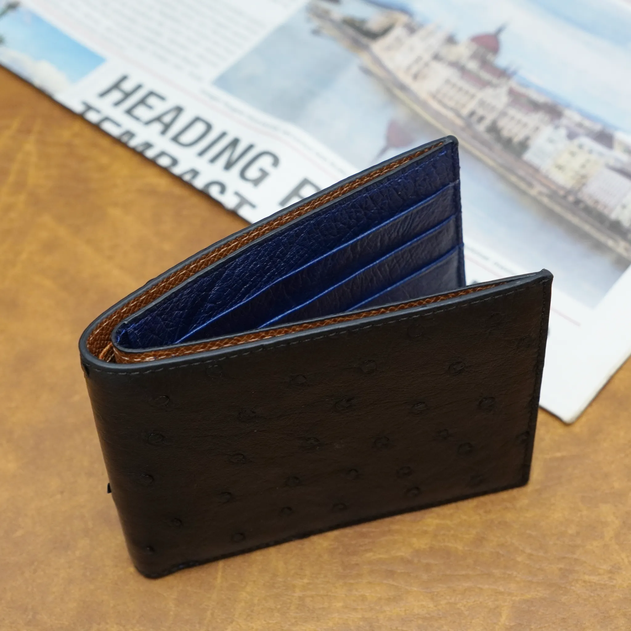 Black Blue Double Side Ostrich Leather Bifold Handmade Wallet RFID Blocking | VINAMOS-14