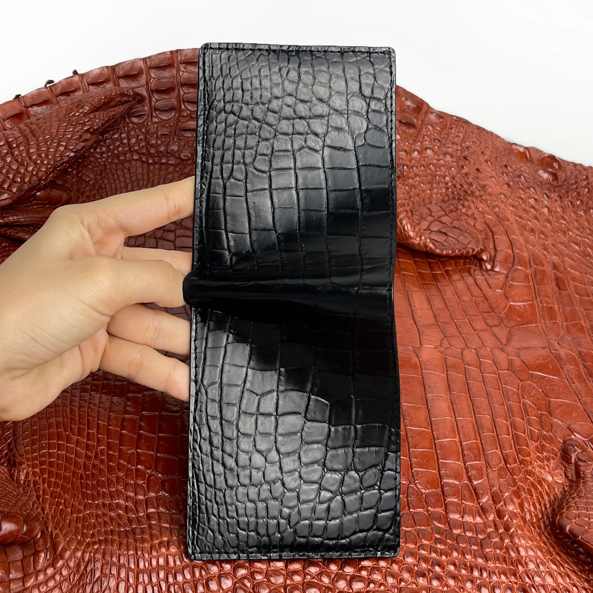 Black Double Side Alligator Slim Bifold Wallet For Men | Handmade Crocodile Belly Leather Wallet RFID Blocking | VILE-111