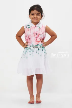 Blossom Splash Pleated Frock: Sleeveless Watercolor Floral for Girls