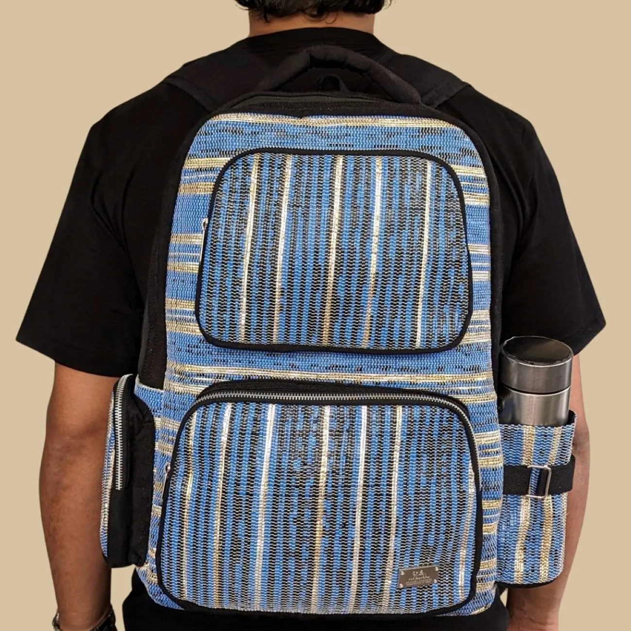 Blue Black and Shimmery Golden Striped Upcycled Handwoven Commuter Backpack (CBP0624-006) PS_W