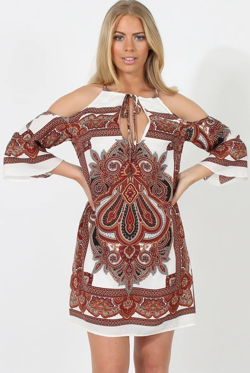 Brown Print Cold Shoulder Dress - Khaleesi