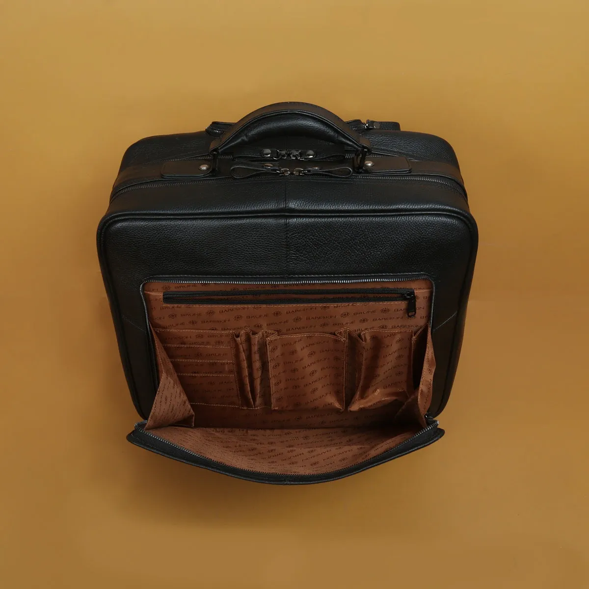 Cabin Luggage Trolley Bag In Black Textured Leather