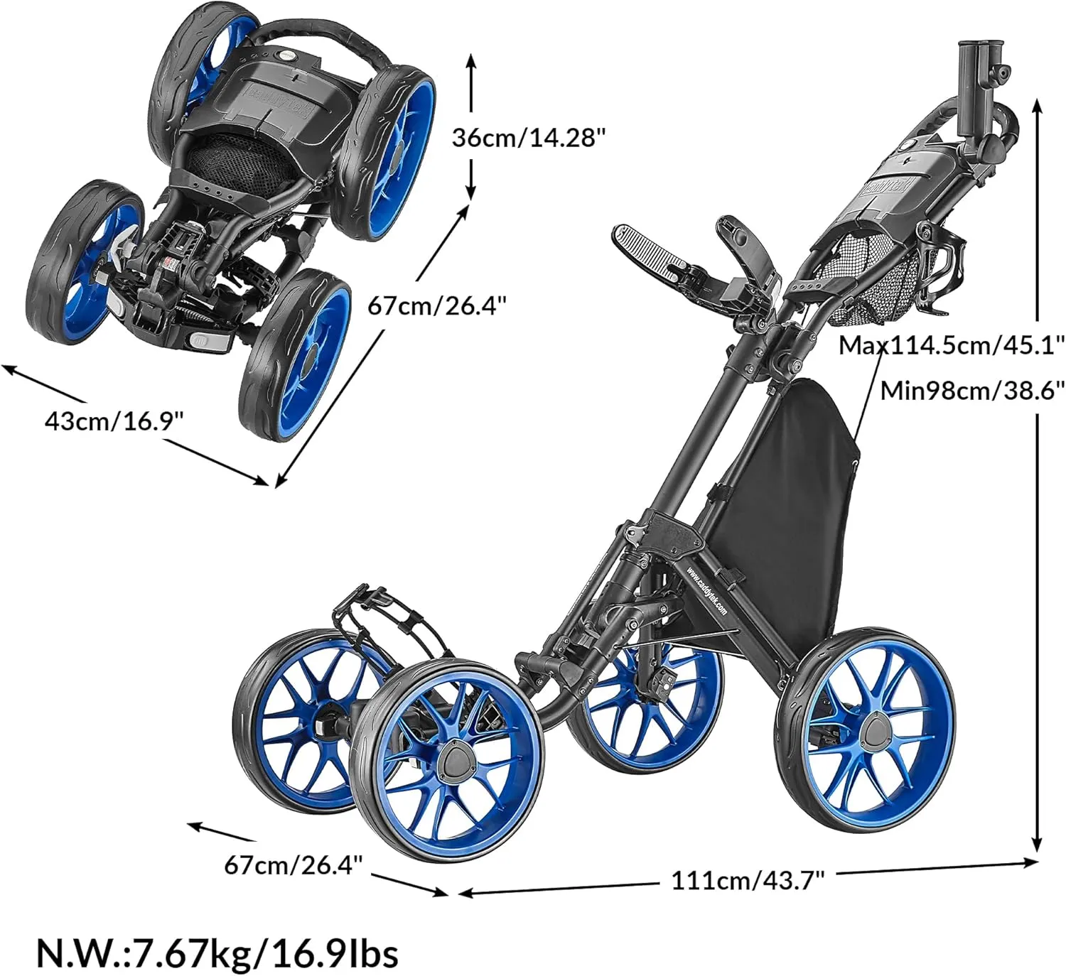 CaddyTek CaddyCruiser ONE Tour 4 Wheel Golf Push Cart