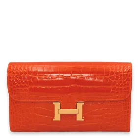 Constance Orange Wallet in Shiny Alligator, Gold hardware