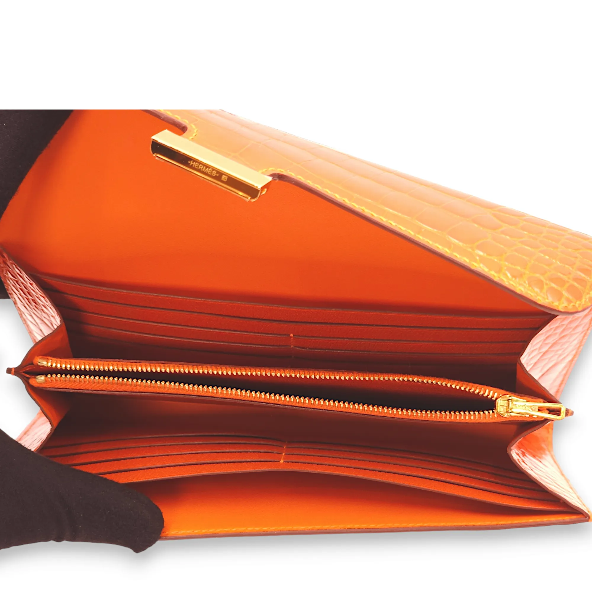 Constance Orange Wallet in Shiny Alligator, Gold hardware