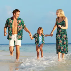 Custom Face Hawaiian Style Red Flowers Long Dress And Shirt Family Matching