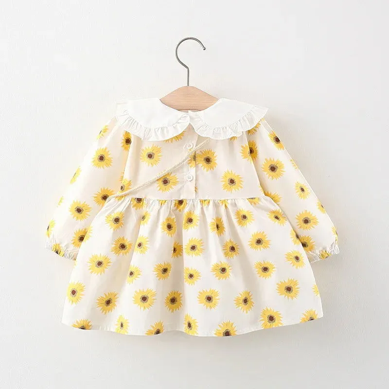 Cute Sunflower Print Long Sleeve Doll Collar Dress with Bag