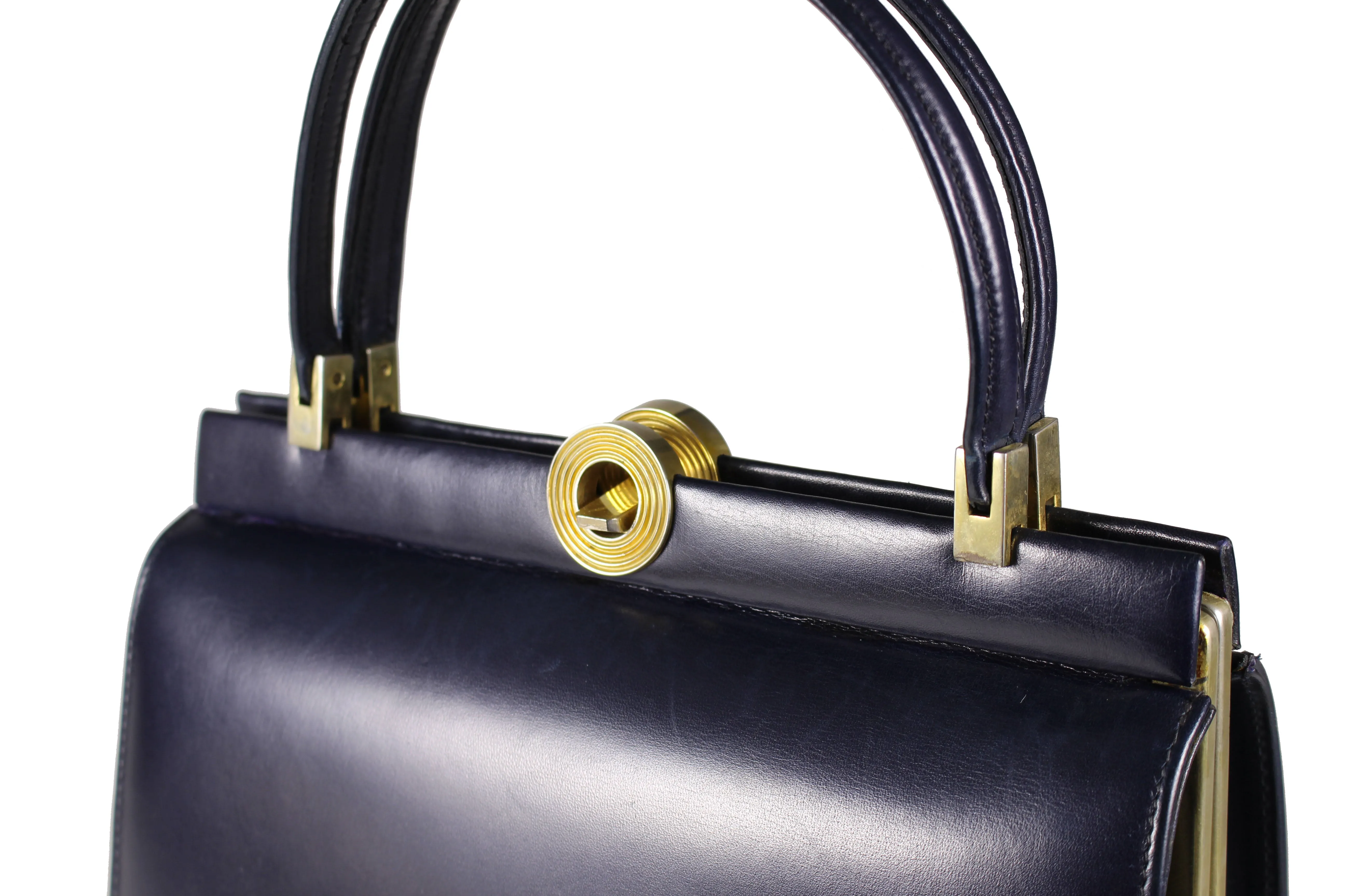 Dark blue leather frame handbag