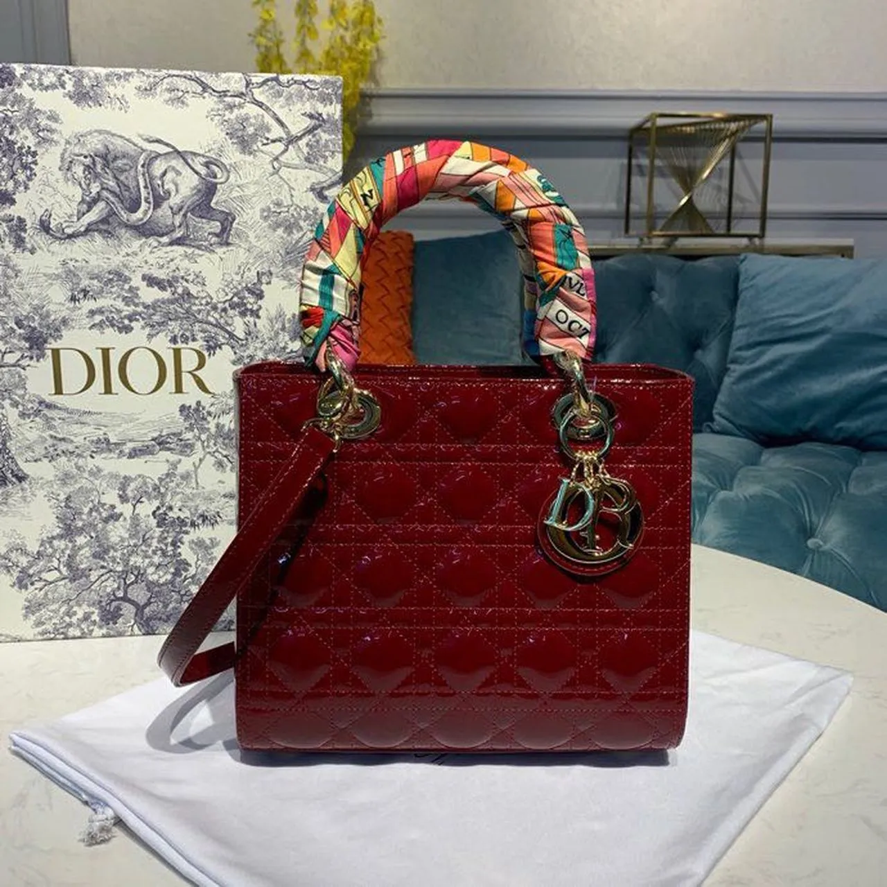 DI Medium Lady Bag Cherry Red Patent Cannage For Women 24cm/9in CD M0565OWCB_M323