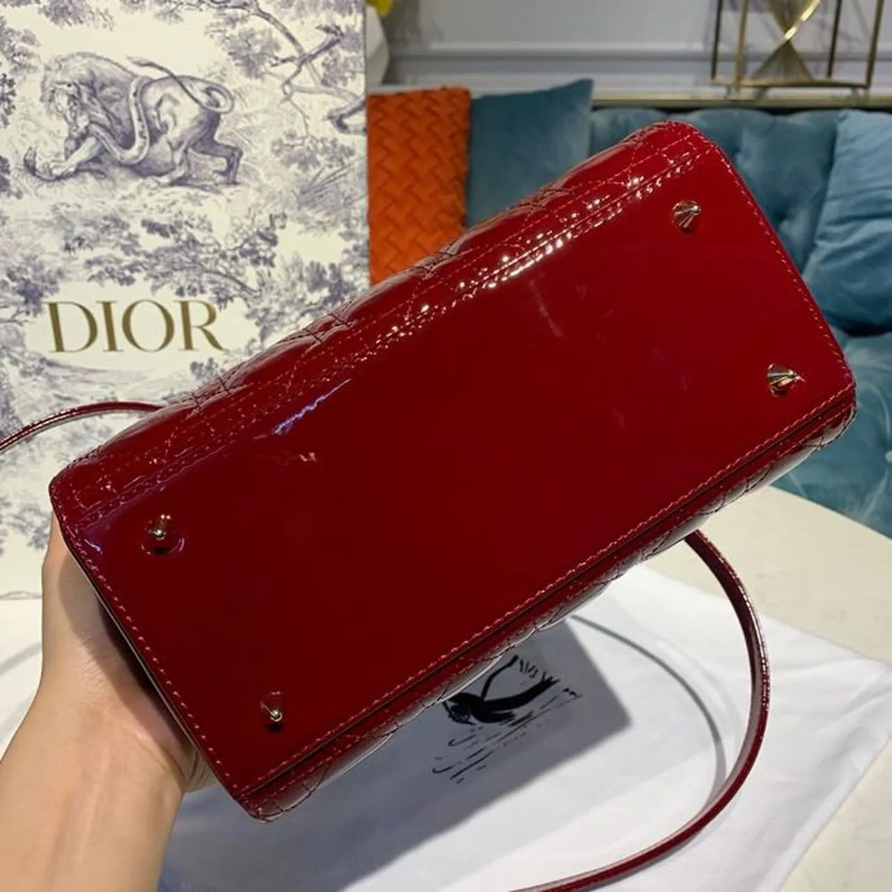 DI Medium Lady Bag Cherry Red Patent Cannage For Women 24cm/9in CD M0565OWCB_M323