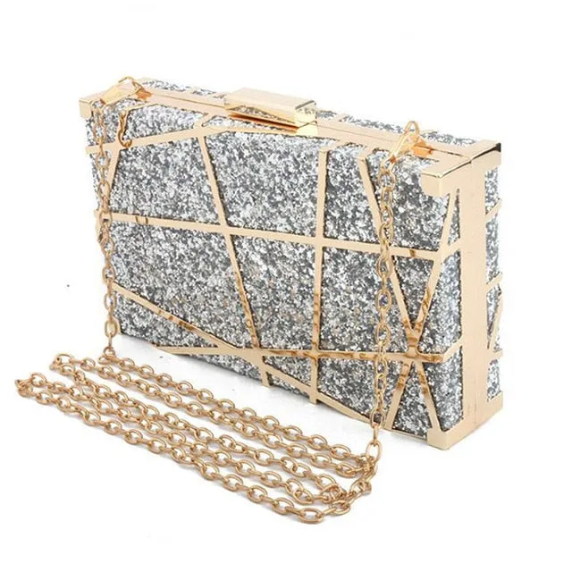 Fashion Sequined Clutch  Evening Bag Metal Chain Handbag Wedding Banquet Purse and Handbag