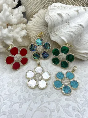 Flower Shaped Pendants Malachite, Enamel, Turquoise Howlite, Mother of Pearl,or Abalone. 38mm, Variety of stones, 5 styles. Fast Ship