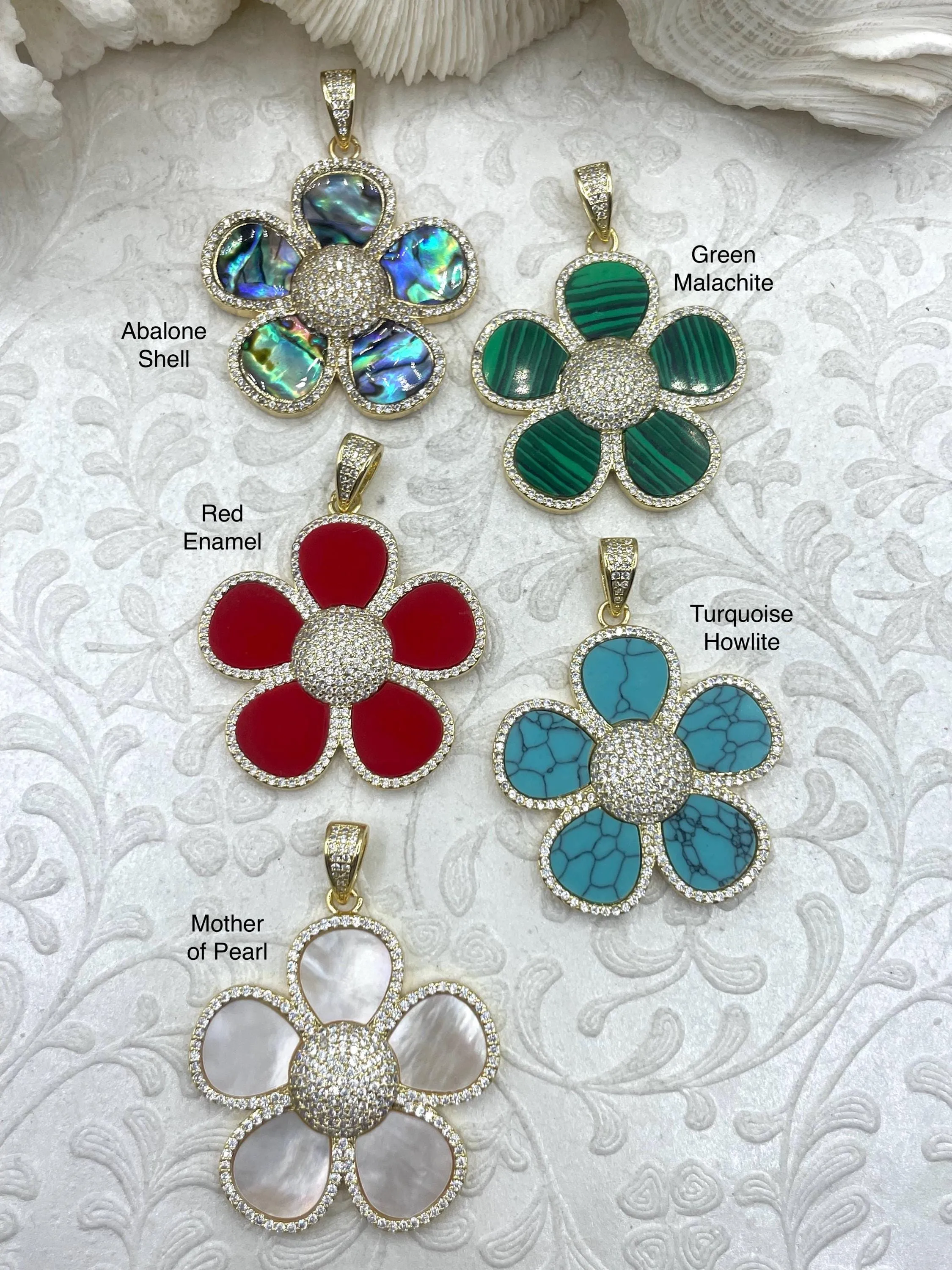 Flower Shaped Pendants Malachite, Enamel, Turquoise Howlite, Mother of Pearl,or Abalone. 38mm, Variety of stones, 5 styles. Fast Ship