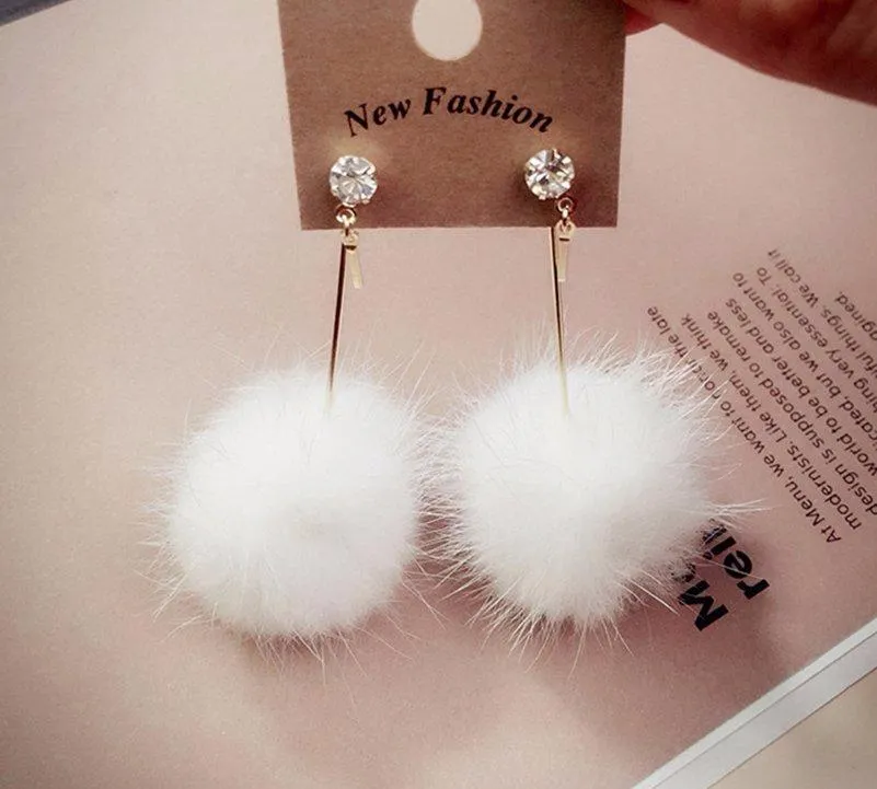 Fur Pom Pom Ball Dangle Earrings