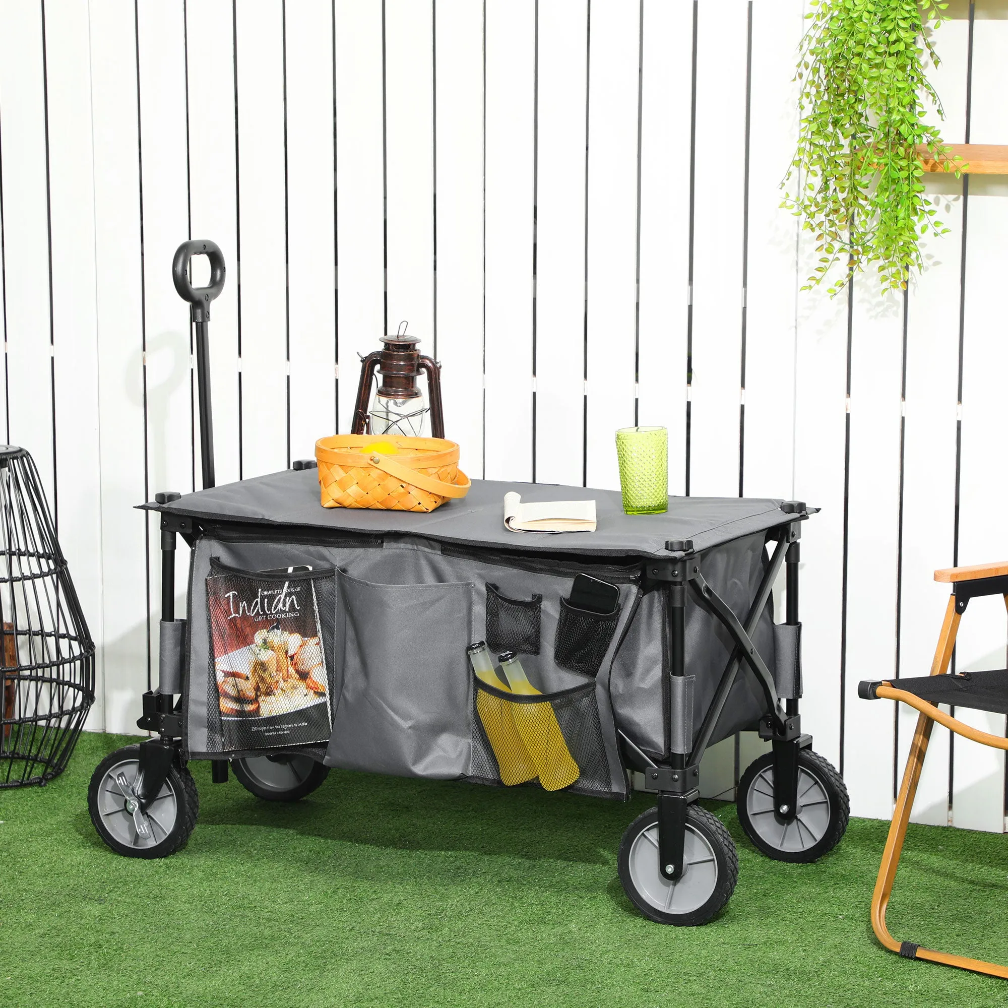 Garden Trolley, Cargo Traile on Wheels, Folding Collapsible Camping Trolley, Outdoor Utility Wagon, Grey