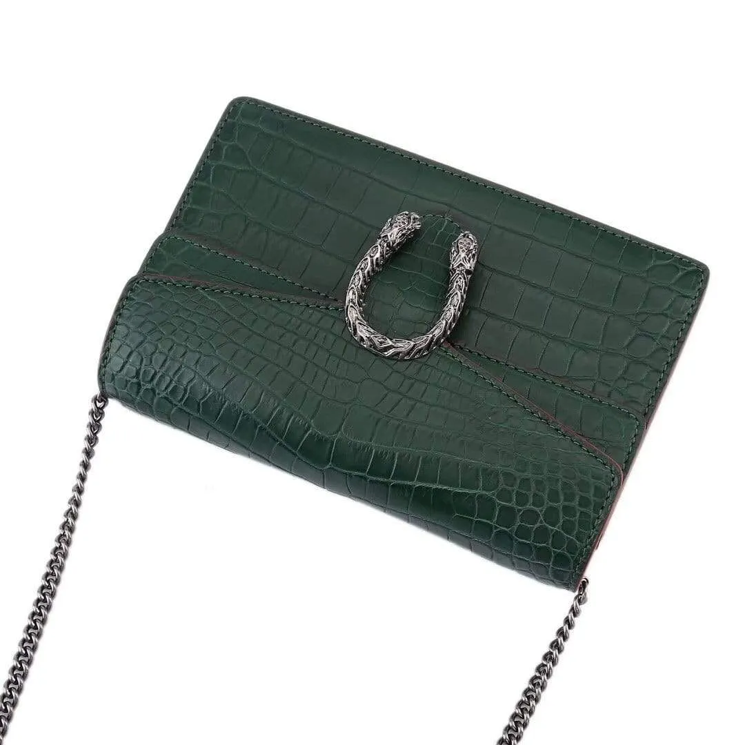 Genuine Crocodile Leather Flap Cross body Messenger Mini Chain Bag Green