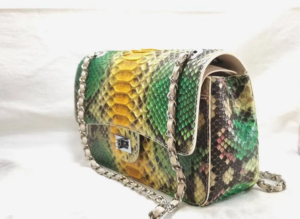 Genuine Python Skin Leather Flap Shoulder Cross Body Women Handbag