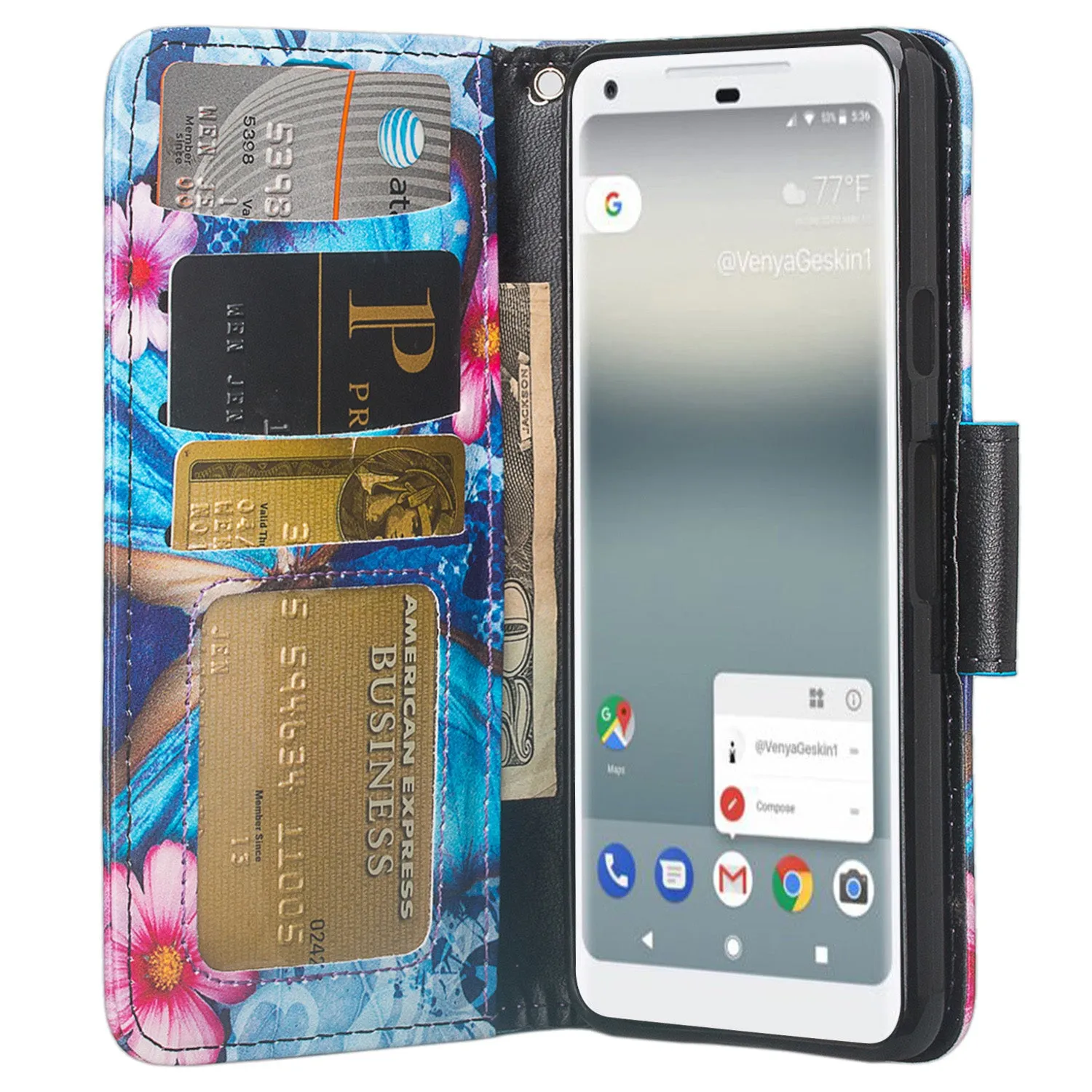 Google Pixel 2 XL Case, Pixel 2 XL Case, Slim Flip Folio [Kickstand] Pu Leather Wallet Case with ID & Card Slots & Pocket   Wrist Strap - Blue Butterfly