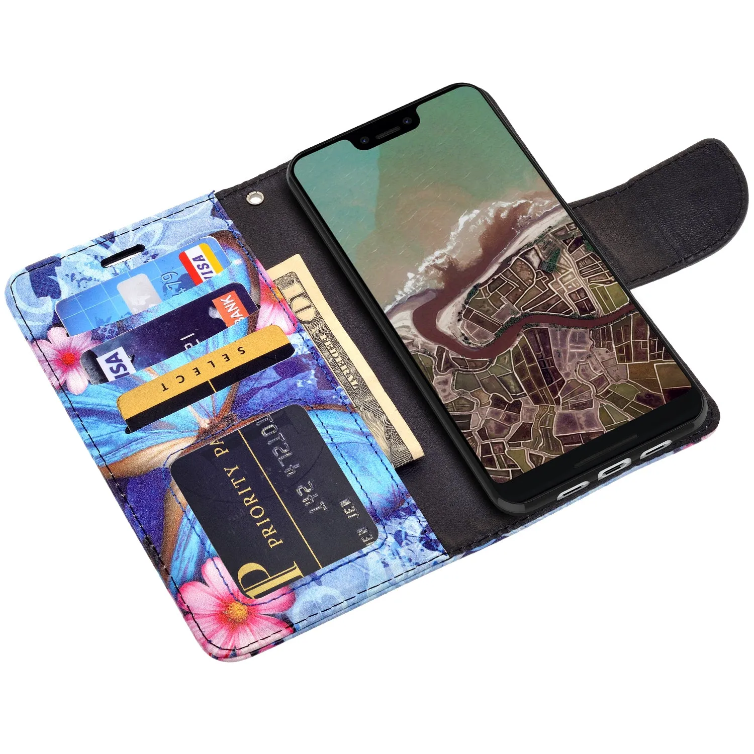 Google Pixel 3a Case, Pixel 3a Wallet Case, Wrist Strap Pu Leather Wallet Case [Kickstand] with ID & Credit Card Slots - Blue Butterfly