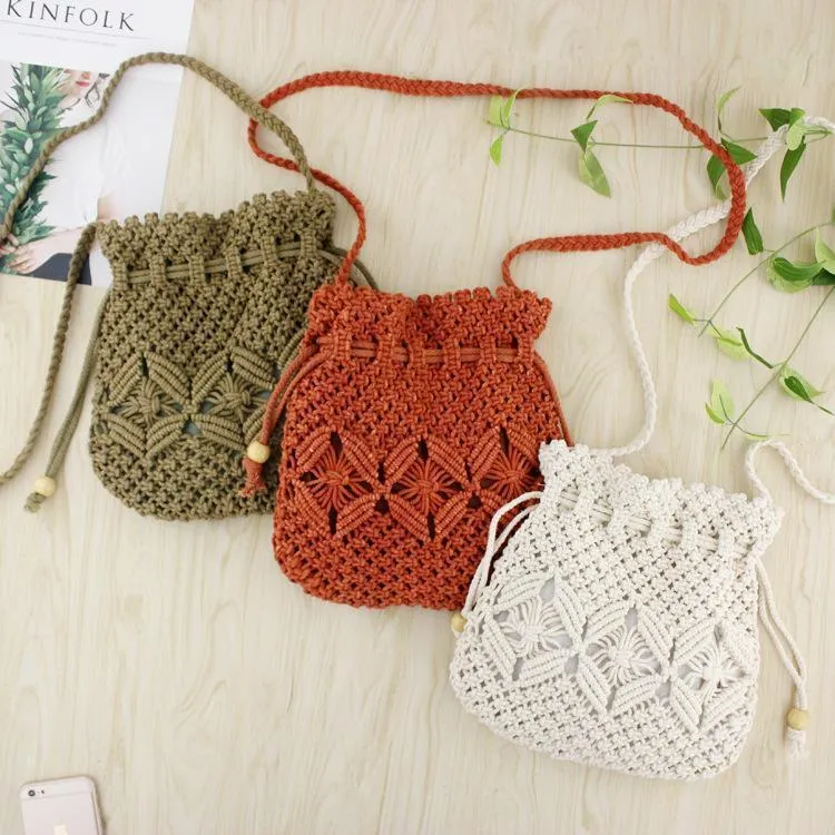 Hand Drawstring Straw Bag One Shoulder Woven Beach Bag