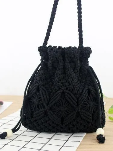 Hand Drawstring Straw Bag One Shoulder Woven Beach Bag