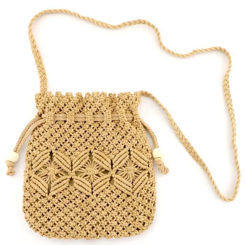 Hand Drawstring Straw Bag One Shoulder Woven Beach Bag