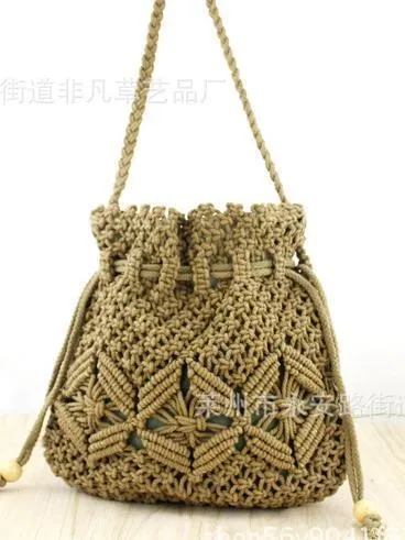 Hand Drawstring Straw Bag One Shoulder Woven Beach Bag