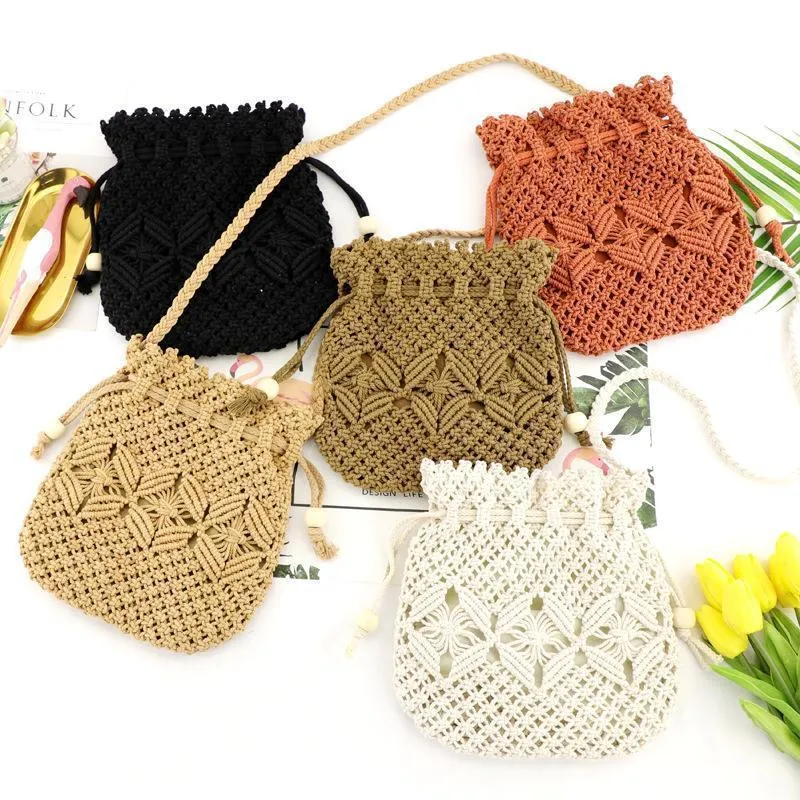 Hand Drawstring Straw Bag One Shoulder Woven Beach Bag