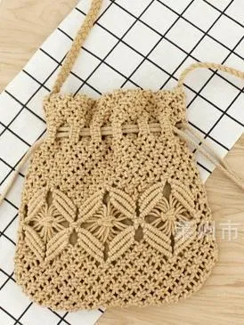 Hand Drawstring Straw Bag One Shoulder Woven Beach Bag