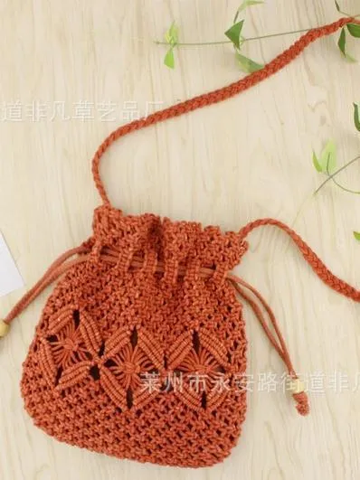 Hand Drawstring Straw Bag One Shoulder Woven Beach Bag