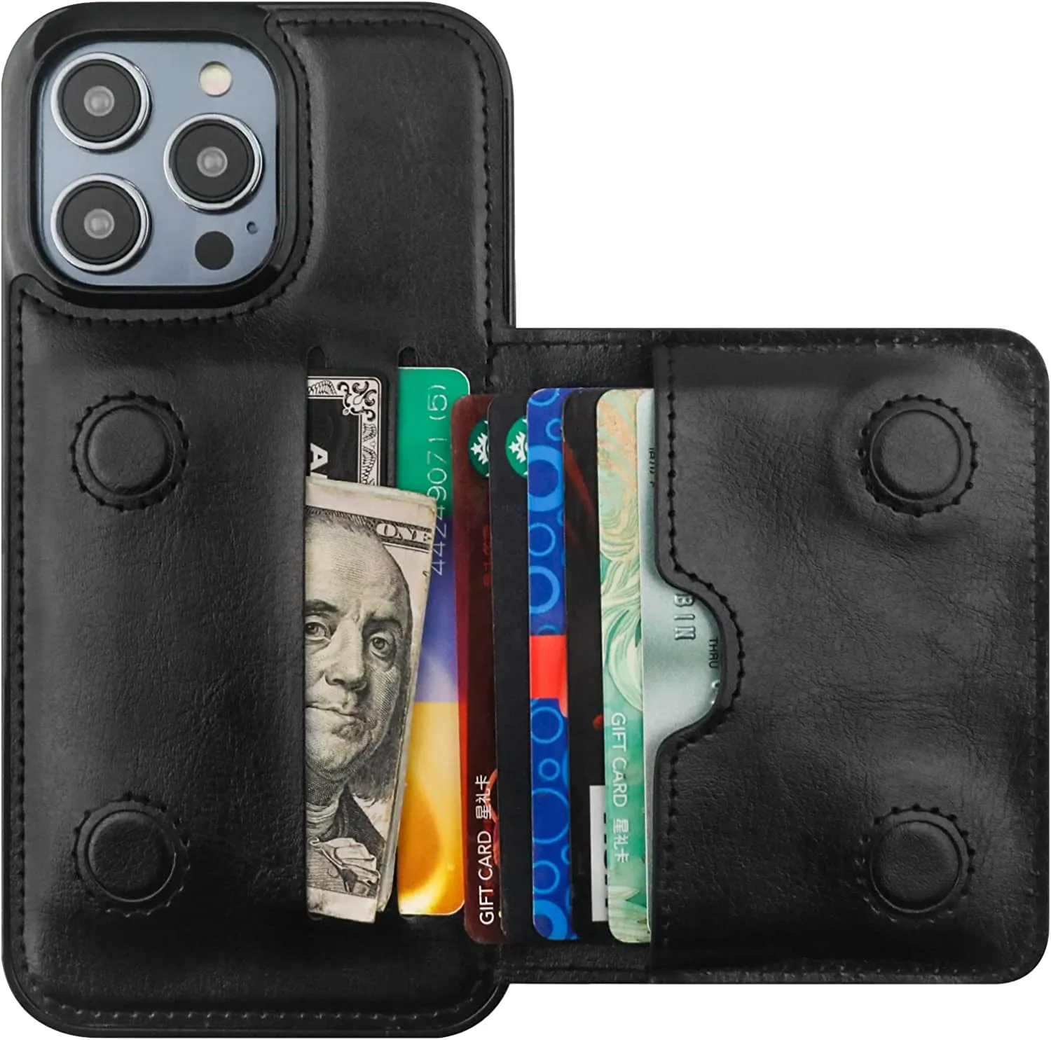 iPhone 14 Pro Max Wallet Case Credit Card Holder Hidden Magnetic Protective Cover Black