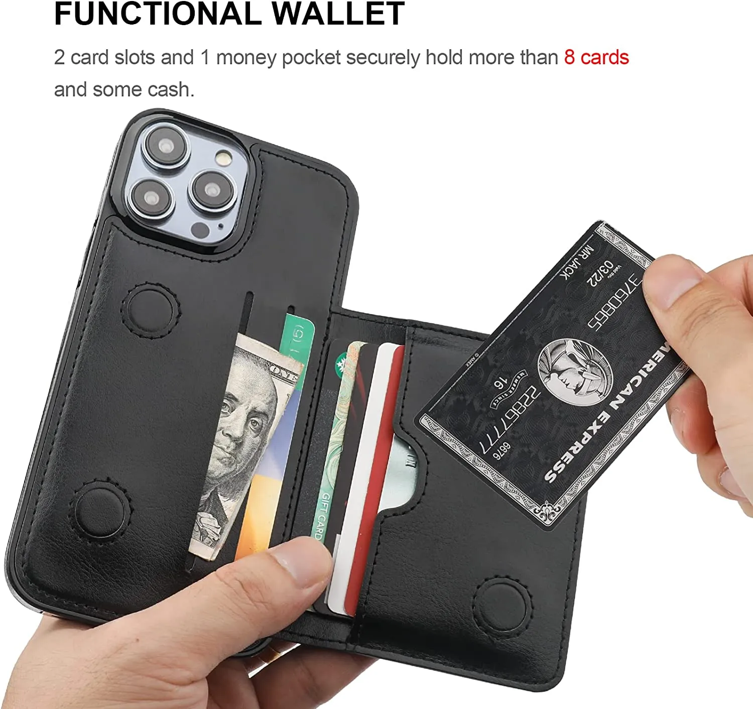 iPhone 14 Pro Max Wallet Case Credit Card Holder Hidden Magnetic Protective Cover Black