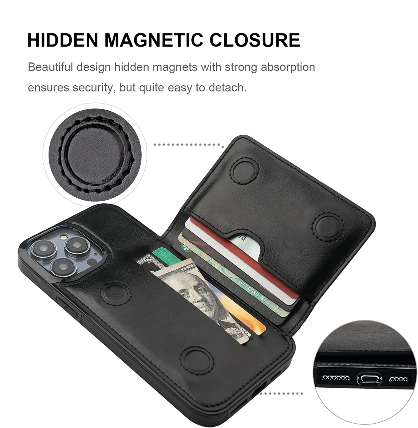 iPhone 14 Pro Max Wallet Case Credit Card Holder Hidden Magnetic Protective Cover Black