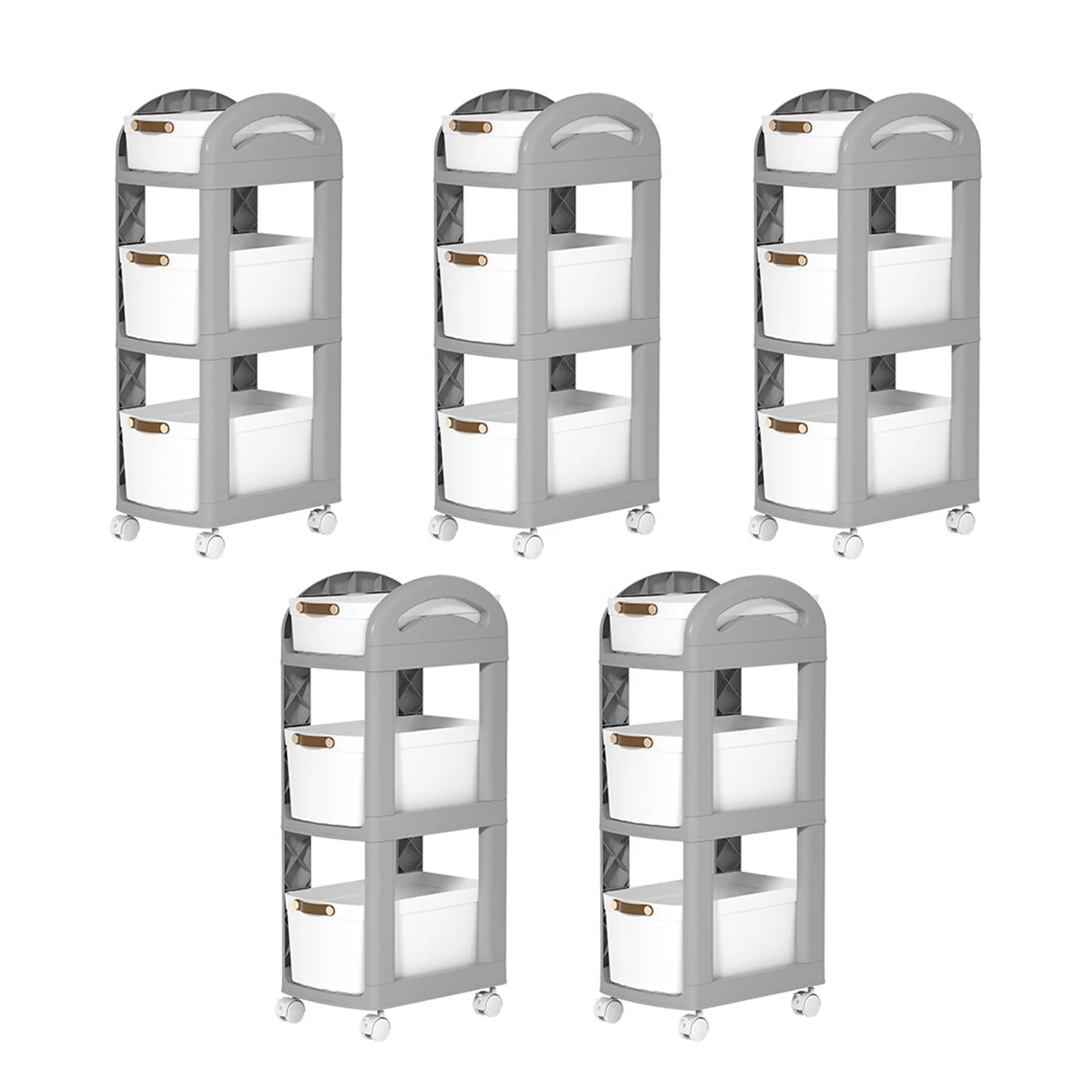 Kuber Industries Pack of 5 Multipurpose Trolley Storage Organiser | 3 Layer Shelf | Trolley with Wheels for Kitchen Accessories | Large Capacity, Easy installation, Space Saving | 812|Gray