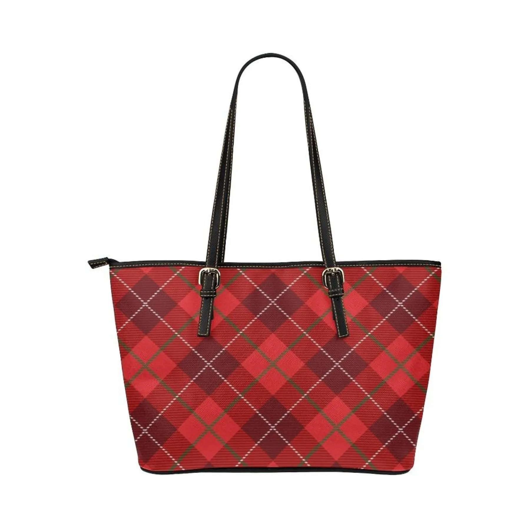 Large Leather Tote Shoulder Bag - Red and Black Plaid Pattern