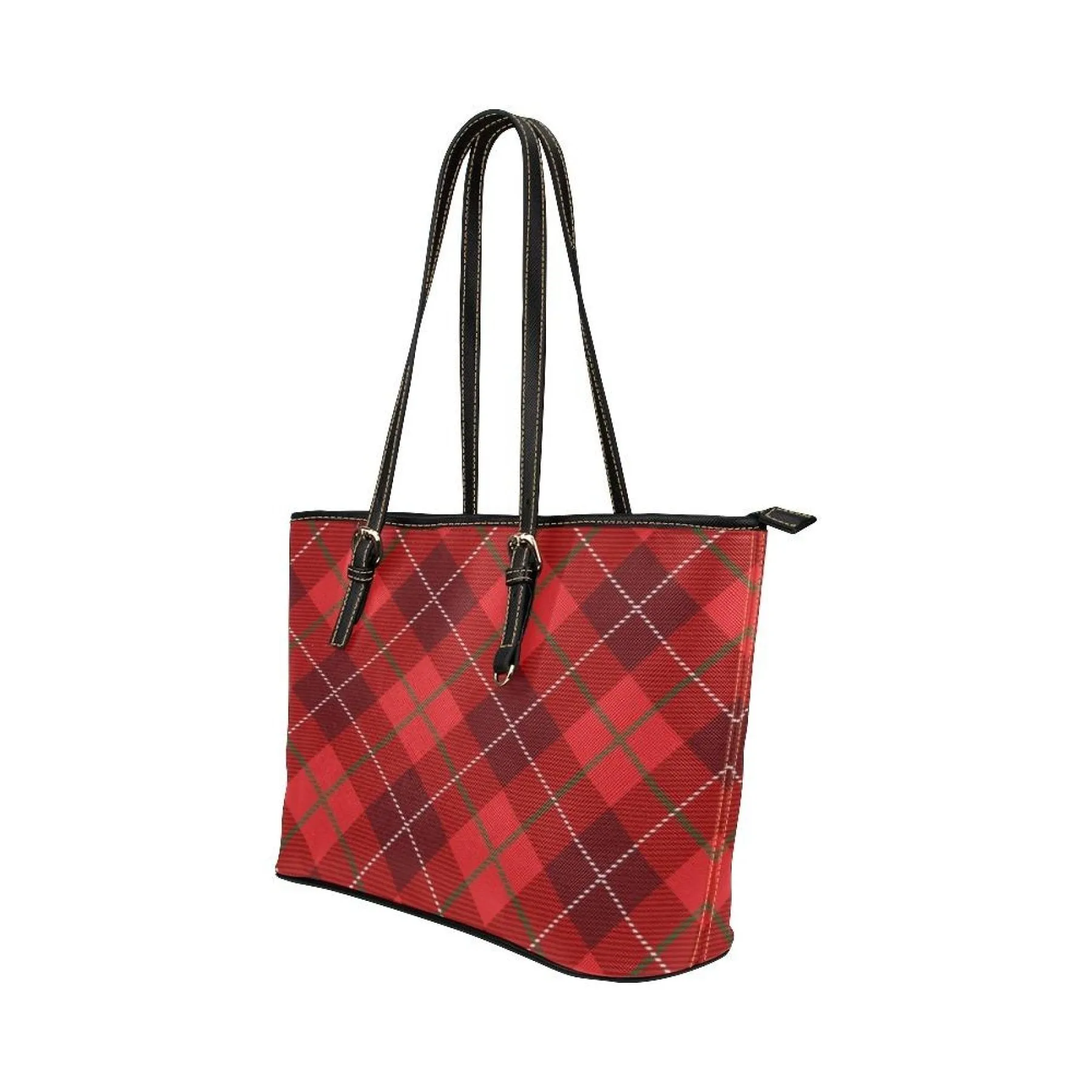 Large Leather Tote Shoulder Bag - Red and Black Plaid Pattern