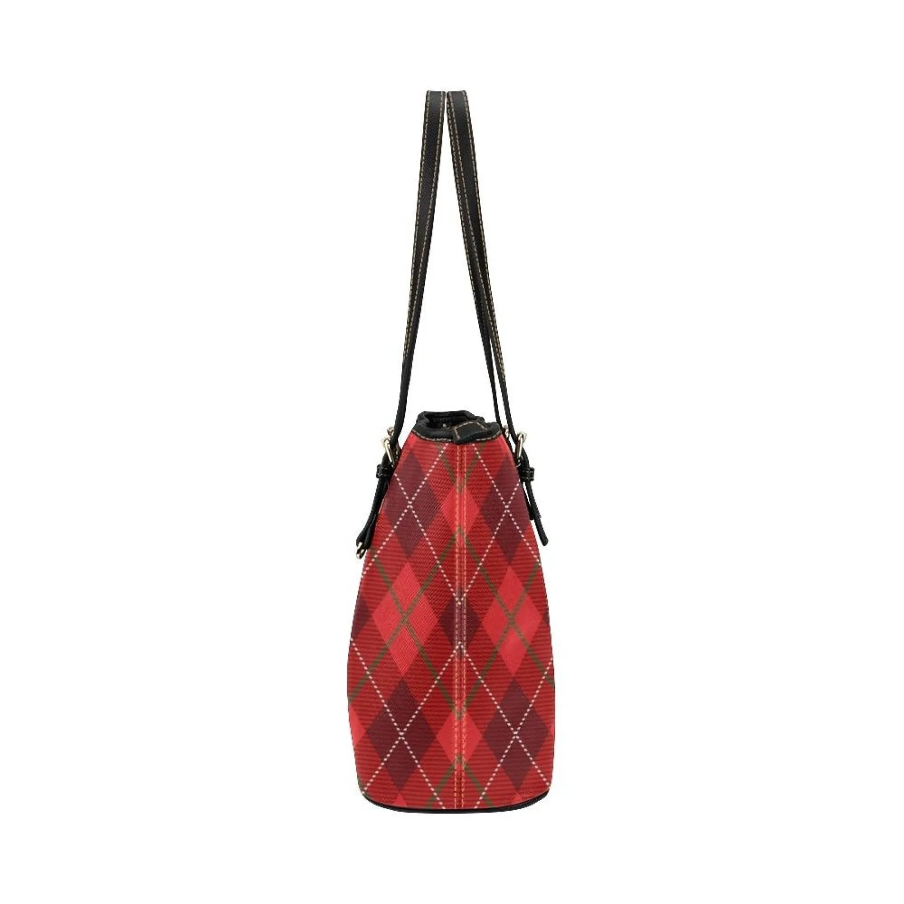 Large Leather Tote Shoulder Bag - Red and Black Plaid Pattern