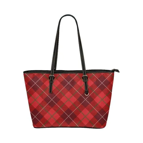 Large Leather Tote Shoulder Bag - Red and Black Plaid Pattern