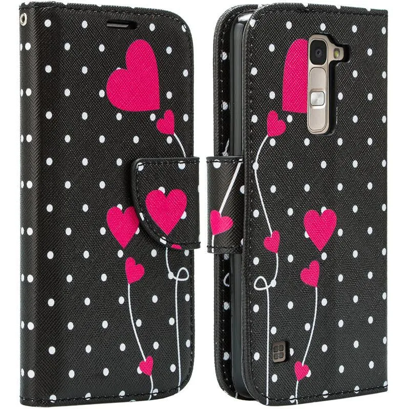 LG K10 / LG Premier LTE Case, Wrist Strap Magnetic Fold[Kickstand] Pu Leather Wallet Case with ID & Credit Card Slots - Polka Dot Hearts