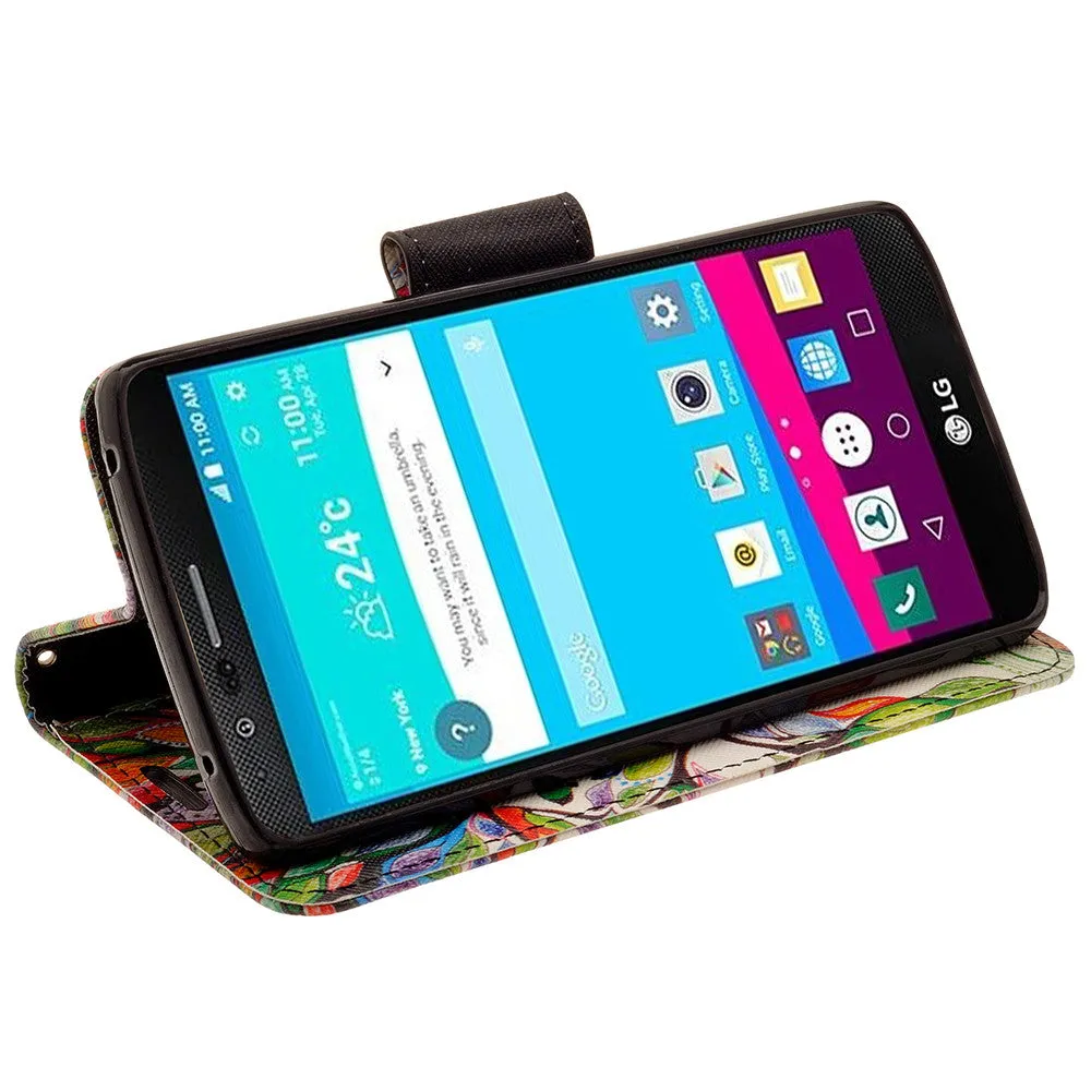 LG V10 Case, Wrist Strap Magnetic Fold[Kickstand] Pu Leather Wallet Case with ID & Credit Card Slots for LG V10 - Colorful Tree