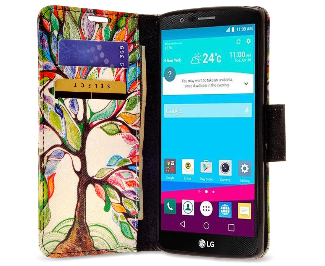 LG V10 Case, Wrist Strap Magnetic Fold[Kickstand] Pu Leather Wallet Case with ID & Credit Card Slots for LG V10 - Colorful Tree